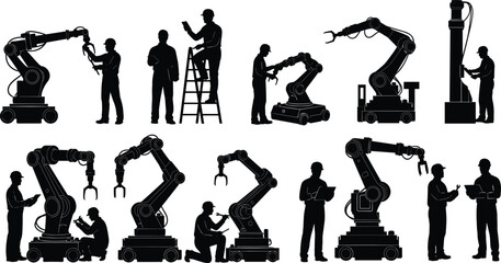 Naklejka premium Robotic, arm, silhouette, human, worker, interaction, tool, tablet, ladder, inspection, repair, vector, black, pose, automation, industrial, programming, monitoring, equipment, flavector