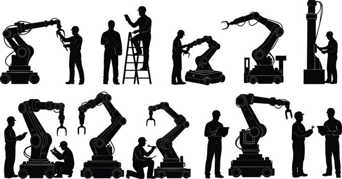 Robotic, arm, silhouette, human, worker, interaction, tool, tablet, ladder, inspection, repair, vector, black, pose, automation, industrial, programming, monitoring, equipment, flavector