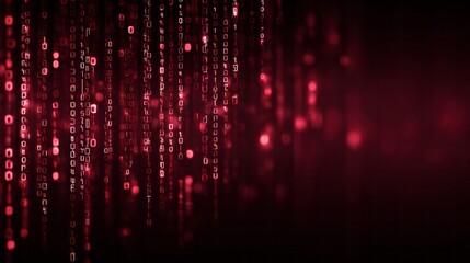 Digital code streams fall vertically against a dark crimson background with soft light effects