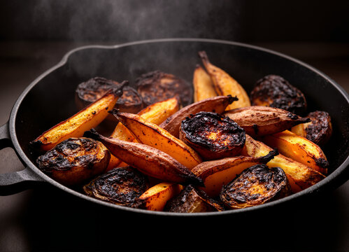 Golden roasted sweet potatoes and plantains arranged in a cast iron skillet, showcasing a smoky and rich appearance with steam rising, perfect for culinary enthusiasts and food photography