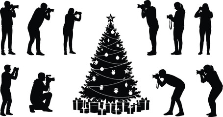 Christmas Photographers Silhouette Vector Collection: People Photographing Decorated Xmas Tree, Presents, Holiday Celebration, Photography Industry, Black and White Festive Flavector Art.