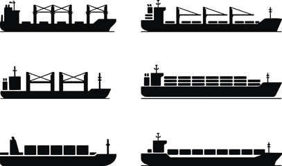 Cargo ship silhouette vector set, container vessels, maritime transport, black icons, flavector, ocean logistics, shipping design, freight carrier, sea trade, nautical graphic, export theme