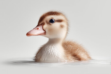 Adorable cute brown duckling wet from hatch on white background. Newborn animal studio portrait showing innocence