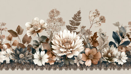 Obraz premium A beautiful artistic floral border showcasing various flowers and leaves. Muted beige, brown, and cream tones, accented by a delicate lace pattern.