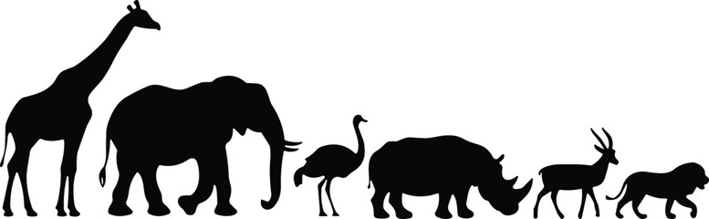 African wildlife silhouette set with giraffe, elephant, ostrich, rhino, gazelle, and lion, black vector illustration for nature, safari, or educational stock image