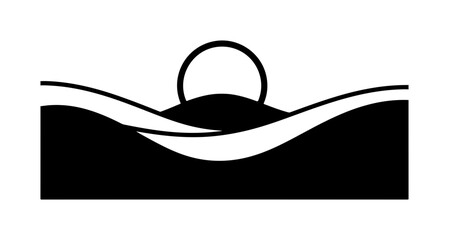 Minimalist sunset illustration over hills, serene and peaceful scenic nature view