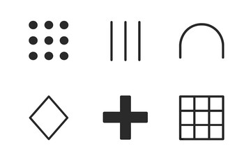 Obraz premium Minimal Geometric Icons. Minimal Shapes linear icon set: dot cluster, thin lines, curved arc, diamond, cross symbol, repeating pattern