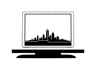 Modern city skyline displayed on computer screen, urban technology concepts
