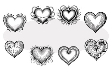 Vintage engraving heart set stylized vector illustrations for wedding invitations Valentine's Day or love themed design