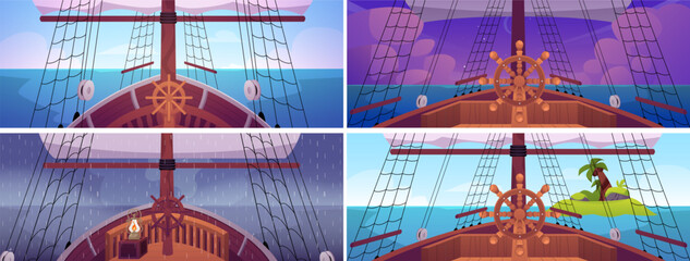 A set with views of a wooden deck, steering wheel, mast, sails, day, night, and rain. © sabelskaya