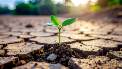 A young plant sprouts from cracked earth under the warm sunlight, symbolizing growth.