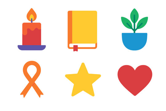 Vibrant Renewal Icons. Personal Renewal set flat icon set: Candle, Notebook, Plant, Ribbon, Star, Heart