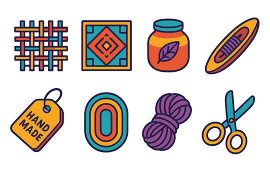 Artisan Craft Icons. Artisan Craft Rugs flat icons set. geometric weave, tribal motif, natural dye jar, loom shuttle, handmade label, braided rug, wool skein, scissors