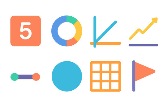 Modern Quantitative Icons. Quantitative Display flat icon set: numeric tile, segment ring, axis pair, slope marker, range bar, category bubble, grid panel, annotation flag