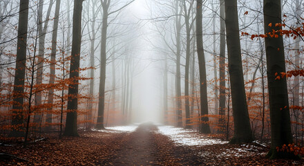 Sunlight filtering through misty autumn forest trees onto a leaf covered path