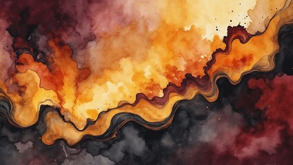 Abstract watercolor painting with warm tones of orange and red  