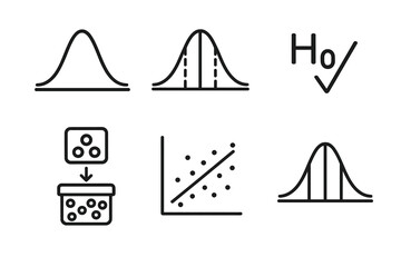 Statistical Icons Collection. Inferential Statistics linear icon set. probability curve, confidence interval graph, hypothesis test icon, scatter plot, data sampling, t-test chart