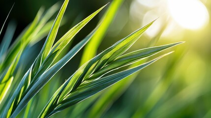 Close-up of vibrant green grass blades, illuminated by bright sunlight, creating a natural and refreshing background.