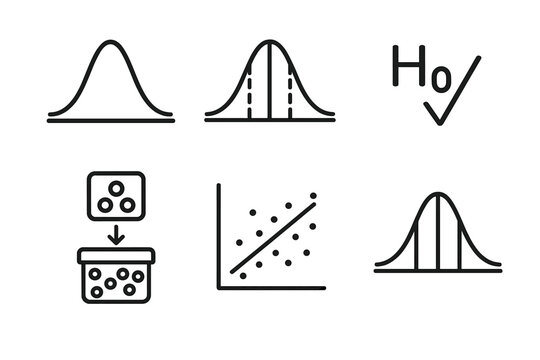 Statistical Icons Collection. Inferential Statistics linear icon set. probability curve, confidence interval graph, hypothesis test icon, scatter plot, data sampling, t-test chart