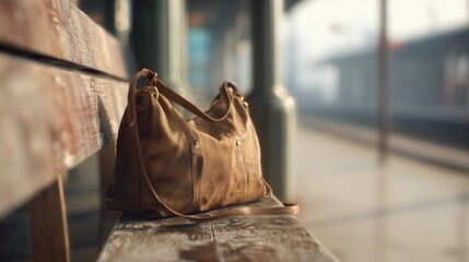 Brown leather bag resting on a bench at a quiet train station in the morning