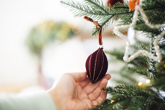 Hand holding stylish red bauble on Christmas tree branch close up. Woman hanging modern ornament, decorating xmas tree with lights. Winter holiday banner, atmospheric christmas time - Powered by Adobe