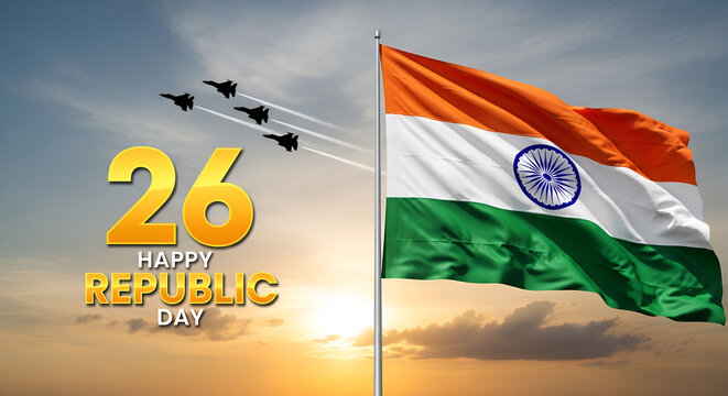Indian flag waving with fighter jets on republic day - Powered by Adobe