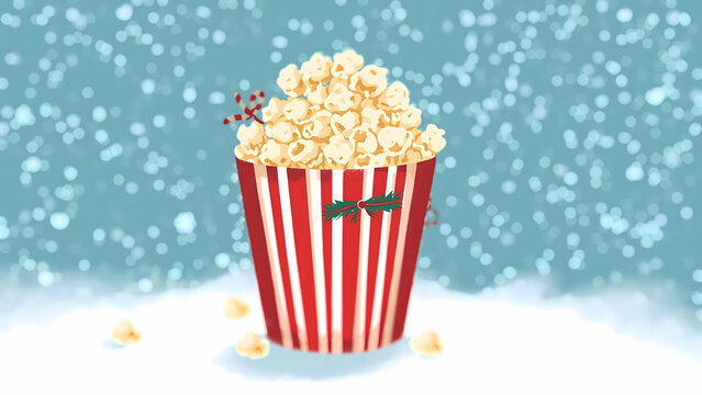 Popcorn bucket, glass of soda, and cinema tickets on an isolated white background for movie snack illustration