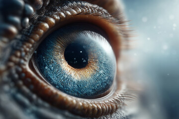Watchful dinosaur eye in macro detail with blue iris and scaly skin. An intense, mysterious, and powerful stare