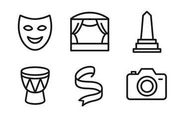 Icons of Cultural Expression. Cultural Expression linear icon set: mask, stage, monument, drum, ribbon, camera