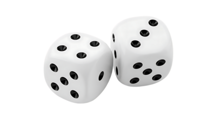 Two white dice with black pips showing different numbers, cutout, PNG isolated on transparent background