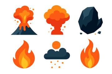 Vibrant Volcanic Icons. Volcanic Explosion set flat icon set: Lava, Smoke, Rock, Fire, Ash, Flame