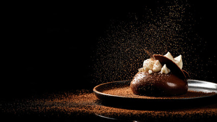 Glossy chocolate dessert adorned with cream and chocolate shards, beautifully showered with cocoa powder, creating a decadent, artistic culinary display.