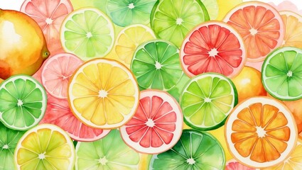 Colorful watercolor citrus fruits in bright, vibrant arrangement  