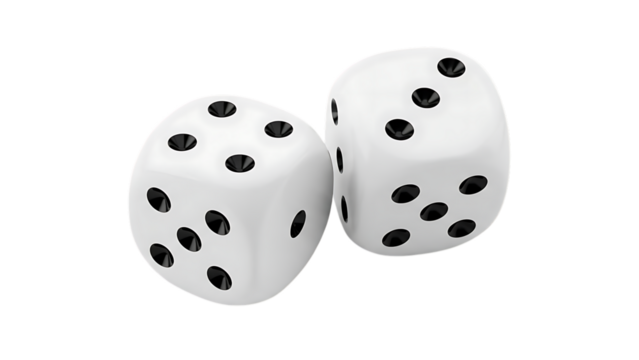 Two white dice with black pips showing different numbers, cutout, PNG isolated on transparent background