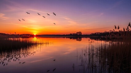 Obraz premium 夕暮れ時の湖面、茜色に染まる空を舞う鳥の群れ。穏やかな水面に映る光景が美しい、シンメトリーな風景写真。