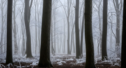 Misty forest path between tall bare trees in a quiet winter woodland scene