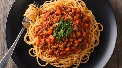 熱々ミートソーススパゲッティ、黒い皿に盛られた、温かい照明で食欲をそそるイタリア料理。木製の背景とフォーク付き。