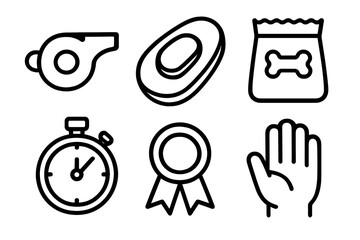 Training Tools Icons. Training Time linear icon set: whistle, clicker, treat bag, stopwatch, ribbon, high five