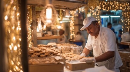 Baker preparing fresh pastries under warm lights at a market in the evening