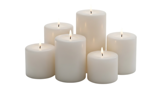 Six white pillar candles of varying heights with lit wicks arranged closely together, cutout, PNG isolated on transparent background