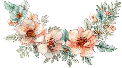 Watercolor floral arrangement with peach and white flowers and green leaves on a black background on transparent background