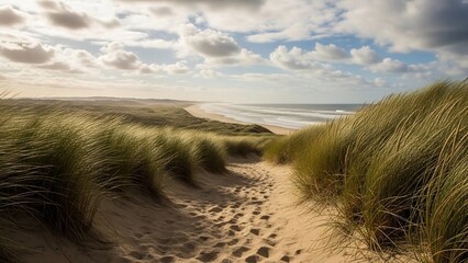 砂の道、穏やかな海への誘い：自然の美しさを捉えた風景写真。温かみのある色調と柔らかい光が、リラックスした雰囲気を演出します。