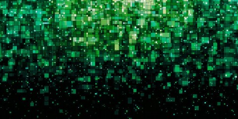 Digital abstract background featuring a cascade of glowing green squares descending into darkness