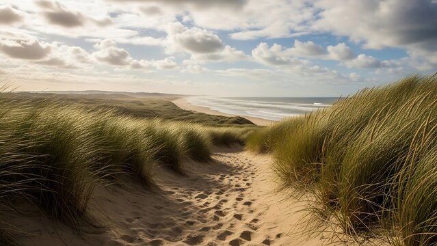 砂の道、穏やかな海への誘い：自然の美しさを捉えた風景写真。温かみのある色調と柔らかい光が、リラックスした雰囲気を演出します。