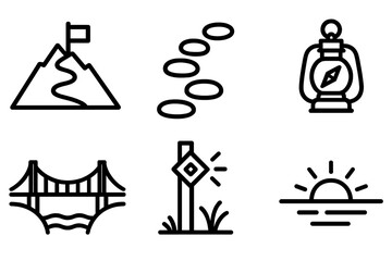 Courage Journey Icons. Courage Journey linear icon set: mountain path, flag summit, stepping stones, compass, lantern light, bridge span, trail marker, horizon line