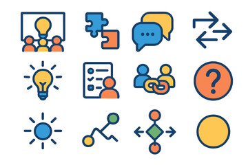 Collaborative Problem Solving. Collaborative Problem Solving Pack flat icon set: group idea board, linked puzzles, communication bubbles, workflow arrows, insight spark, shared