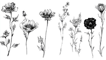 Obraz premium A collection of elegant black and white botanical line art drawings showcasing different flowers, delicate stems, and leaves in an illustrative style.
