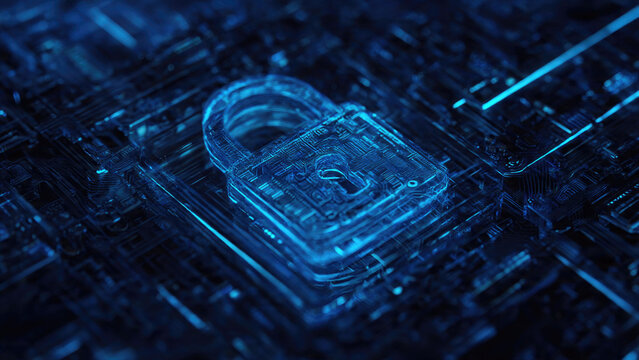 A futuristic digital padlock, glowing blue with circuit board patterns, symbolizes robust cybersecurity, data protection, and secure network infrastructure in the modern technological landscape.