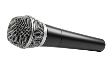A sleek black microphone with a silver mesh grill and metallic ring, cutout, PNG isolated on transparent background