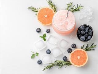 A top-down view of a refreshing cocktail with grapefruit, blueberries, ice, and rosemary sprigs on a white surface. The drink has a straw and is surrounded by f
